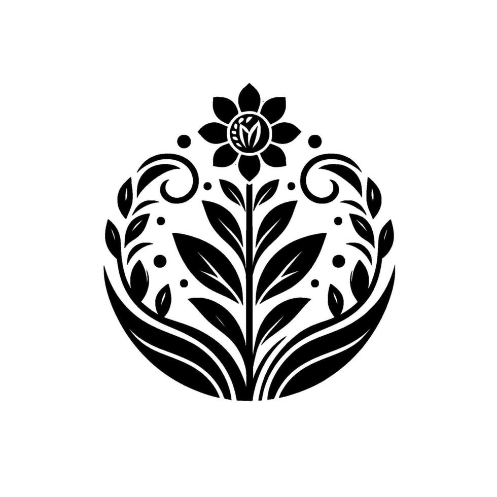 Black White Floral Emblem Circular with a central flower, leaves, and decorative swirls forming a symmetrical and elegant motif. vector
