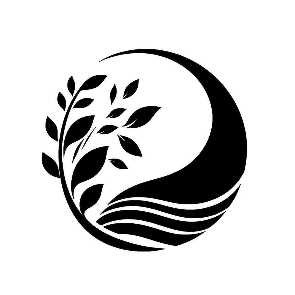A minimalist, black and white depicting a stylized tree branch with leaves intertwined in a circle with curving lines, symbolizing growth, nature, and harmony. vector