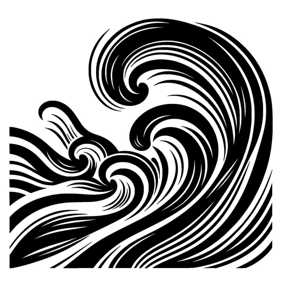 Bold Black and White Illustration of a Swirling Ocean Wave with Dramatic Curves, Representing Power and Fluidity. vector