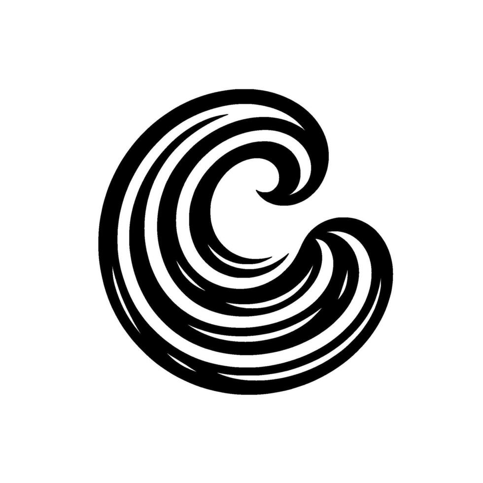Bold black and white of a stylized, swirling wavelike form, minimalist artwork, isolated. vector
