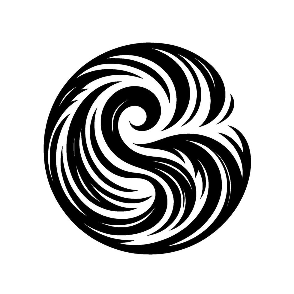 Black and white swirling stylized pattern, a dynamic circular with flowing, curved elements resembling waves, creating a sense of movement. vector