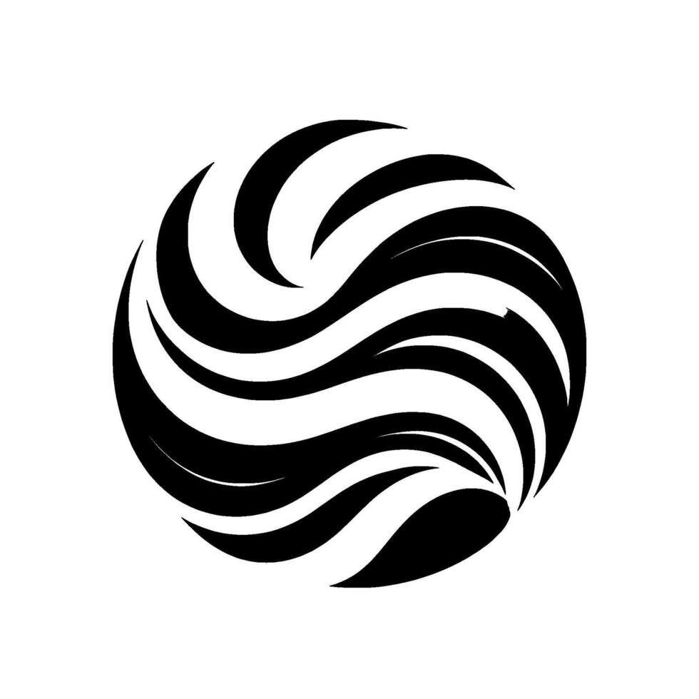 A stylized, abstract orb of monochrome swirling bands, forming a dynamic, textured sphere against a pristine white backdrop. vector