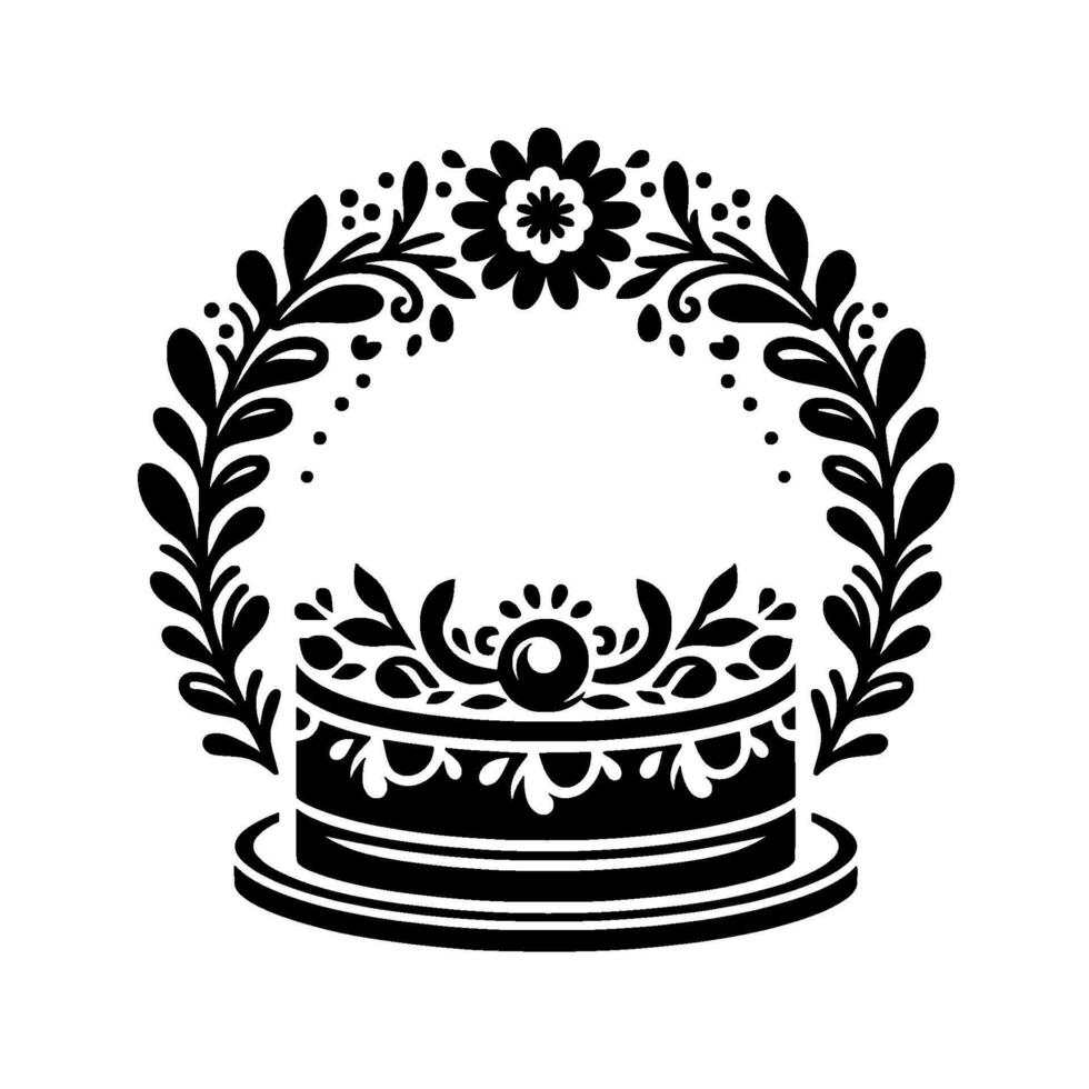 Elegant Black and White Folk Art Cake Design, Surrounded by Floral Wreath. Perfect for Celebrations. vector