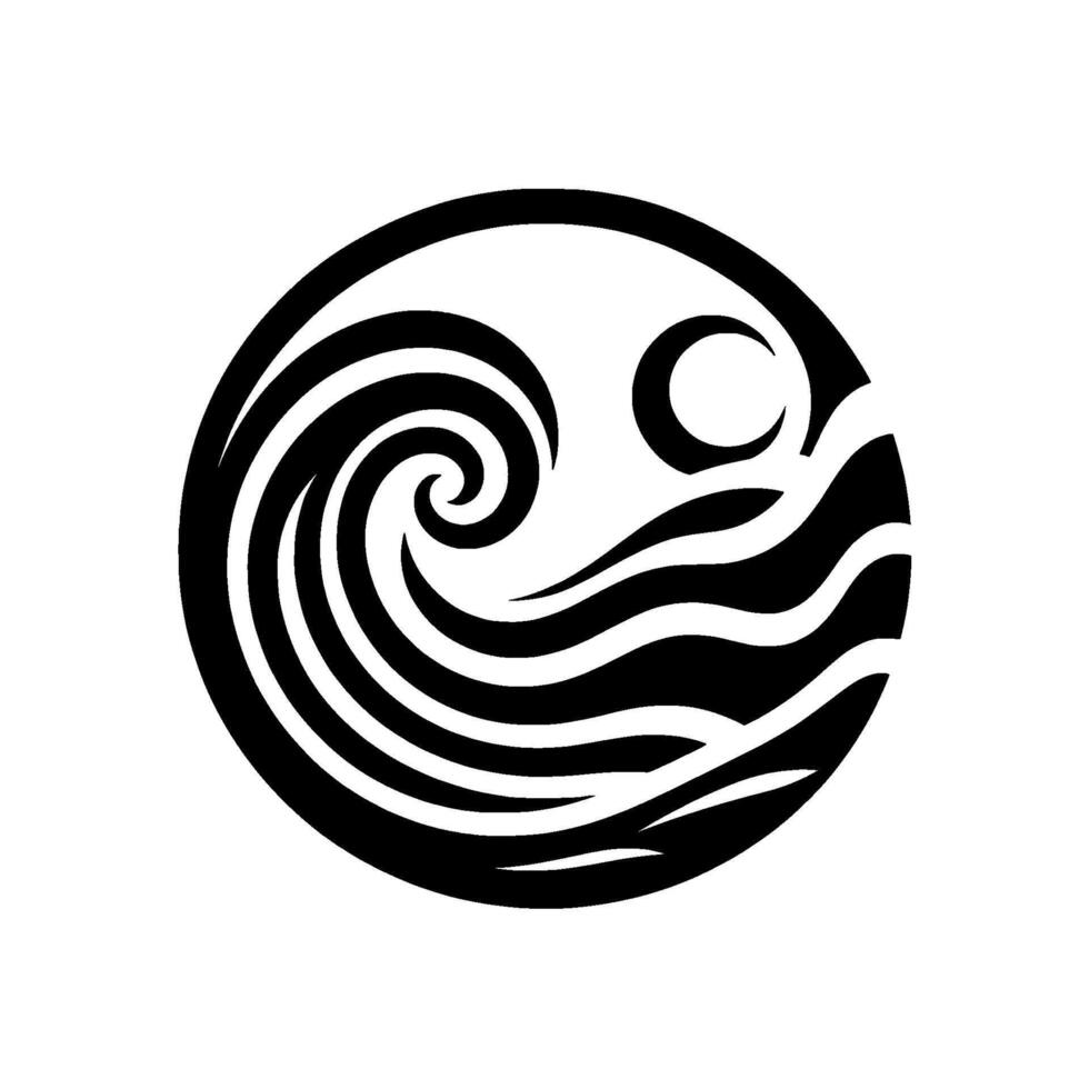 Symbolic Black and White Circular with Wavelike Patterns, Moon, and Swirl within a Clean, Minimalist Aesthetic. vector