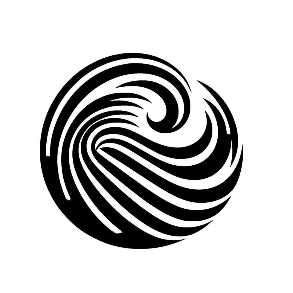 Abstract black and white swirl graphic, circular composition, dynamic lines, minimalist evoking movement and depth on white backdrop. vector