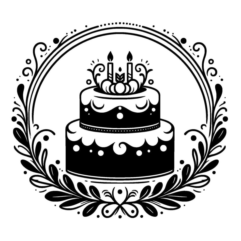 Elegant Black and White Illustration TwoTiered Cake with Candles, Framed by Floral and Ornamental Border. vector