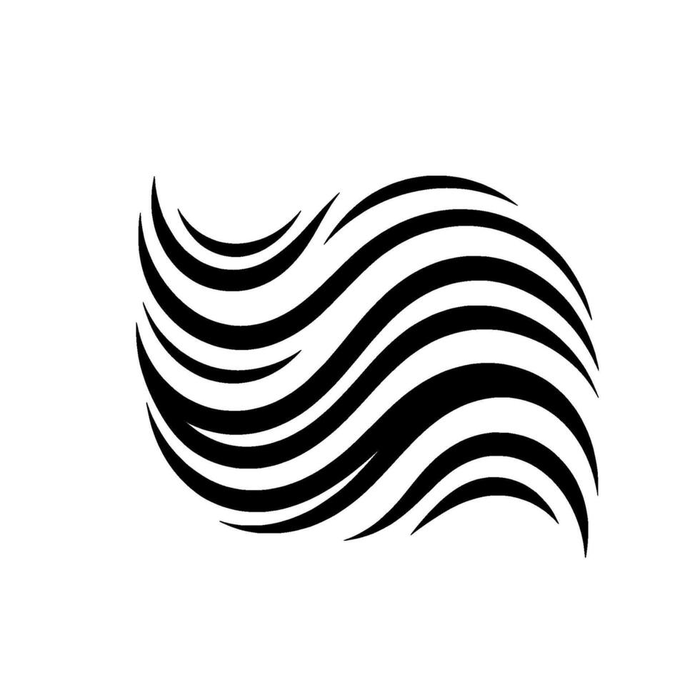 A showcasing a flowing, stylized black wave pattern against a stark white background, evoking movement. vector