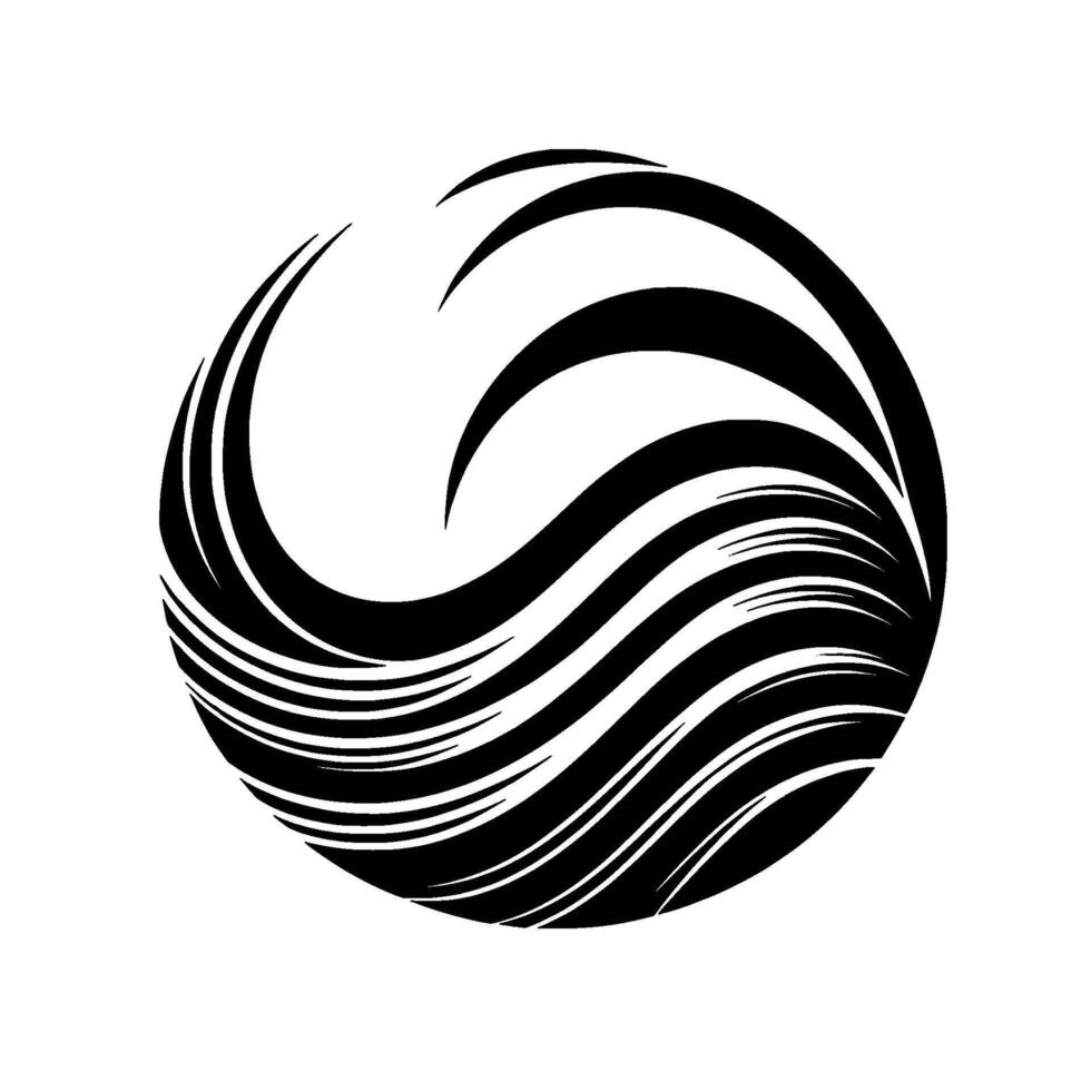Circular Black and White Abstract Featuring Curved Lines and Wave Patterns on a White Background with a Shadow. vector