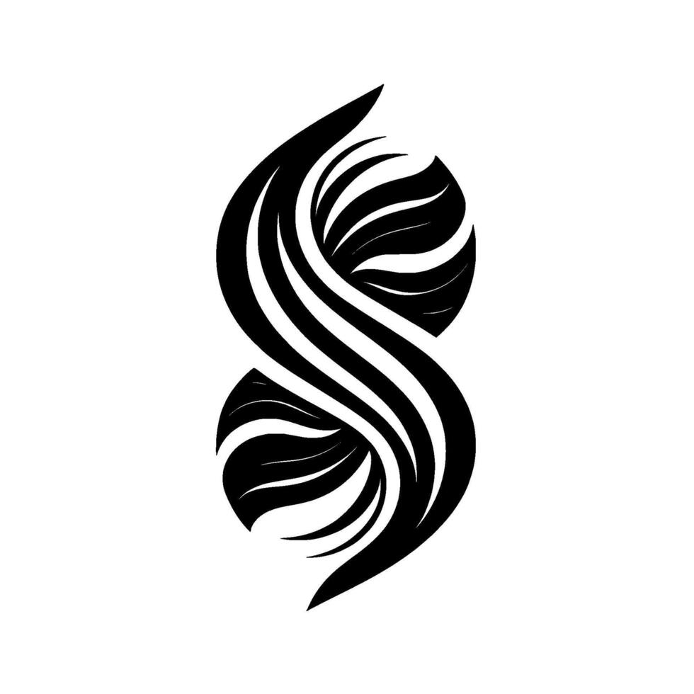 Abstract Black and White S Shape with Sphere Elements and Fluid, Curving Lines on White Background vector