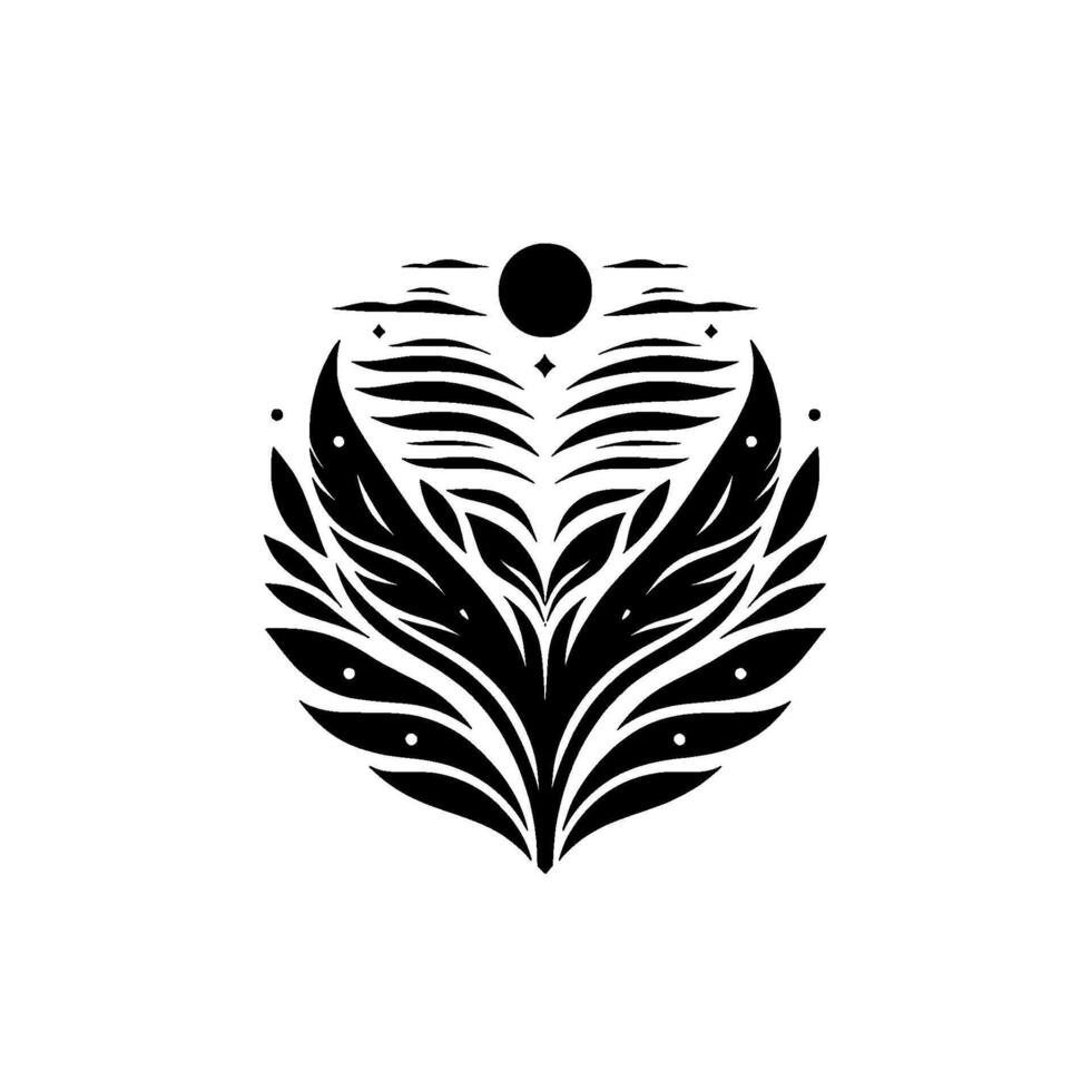Stylized symmetrical black floral with a central bloom, encircled by a crescent of layered lines, a dotsun and stars on white. vector