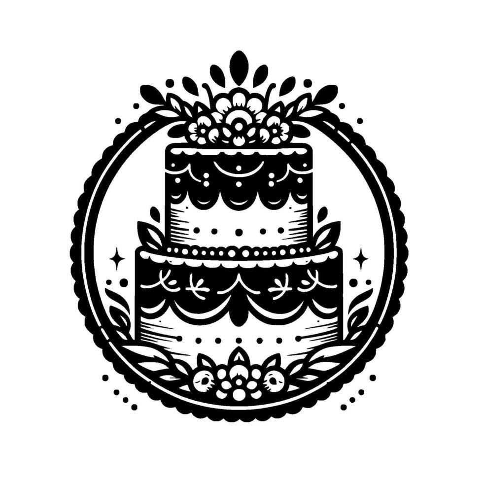 Intricate Black and White Tattoo Style TwoTier Cake with Floral Topper Inside Ornate Round Border. vector
