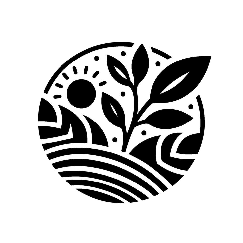 Monochrome Circle Emblem Plant Growing in Landscape Under Sun, Abstract for Nature, Environment, Ecology, and Organic Themes. vector