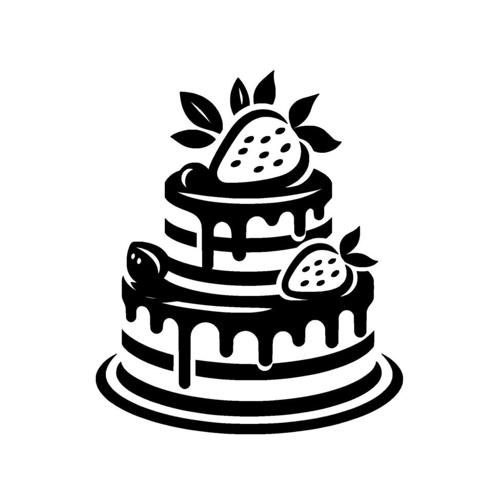 Black and white twotiered cake with dripping chocolate icing, strawberry and leaf embellishments on a round base. vector