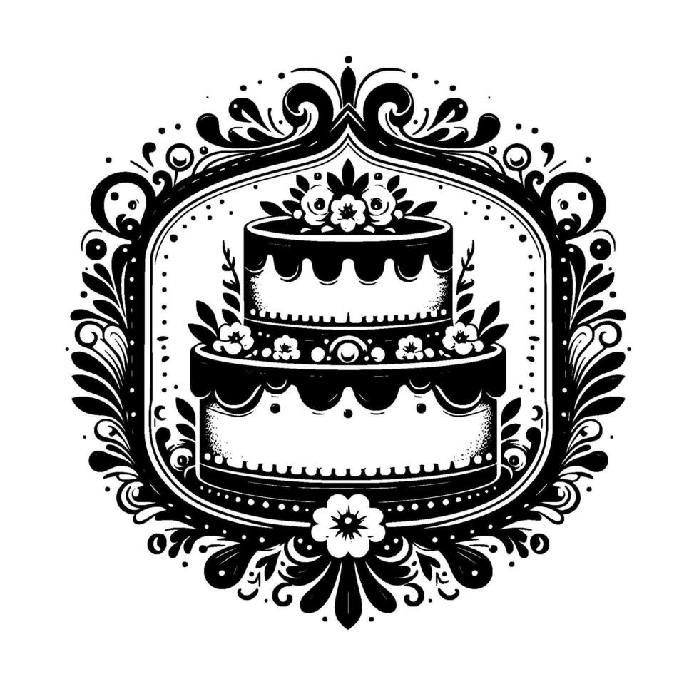 Ornate Black and White Illustration of a TwoTiered Cake in a Decorative Floral Frame, for celebrations or design. vector