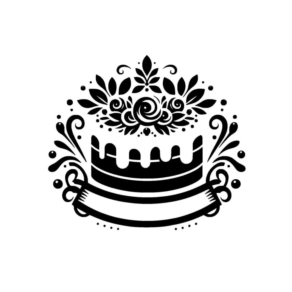 Intricate Black and White Illustration of a TwoTiered Cake Decorated with Floral Elements and a Ribbon Banner on a White Background. vector