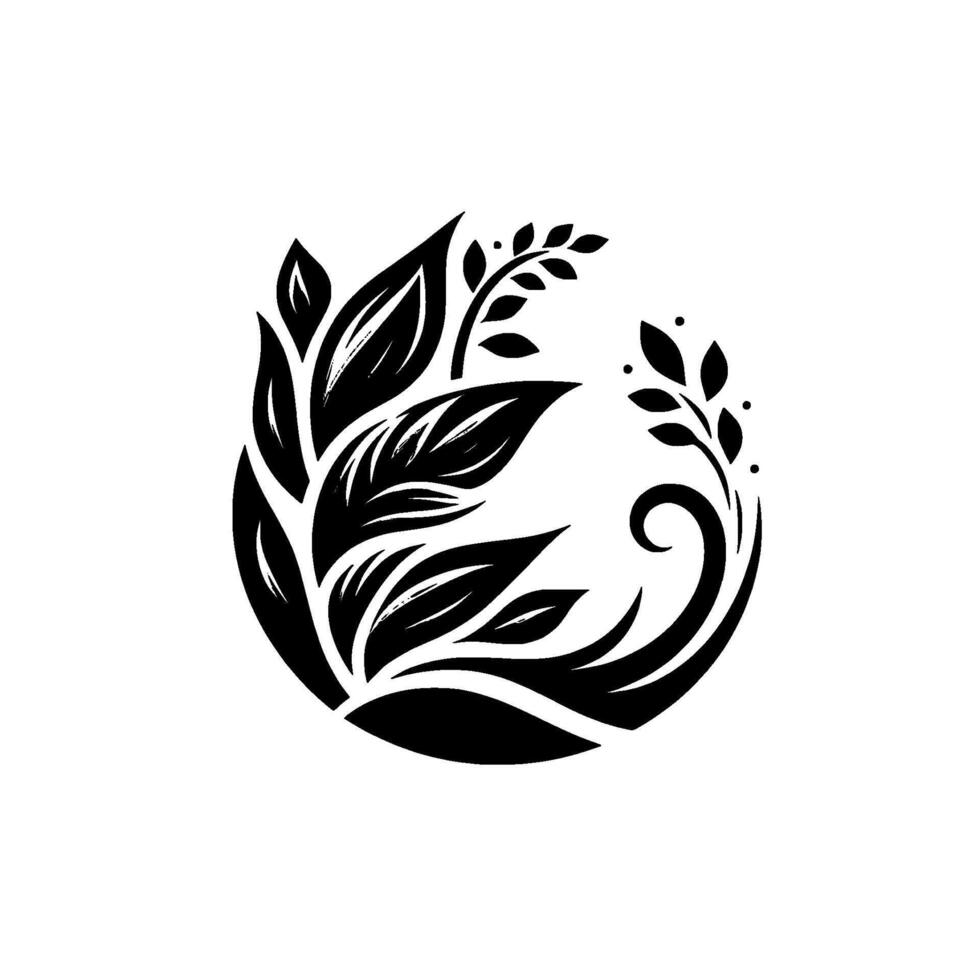 Elegant Black and White Botanical Composition Leaves and Branches Arranged in a Circular, Stylized with a Clean Aesthetic. vector
