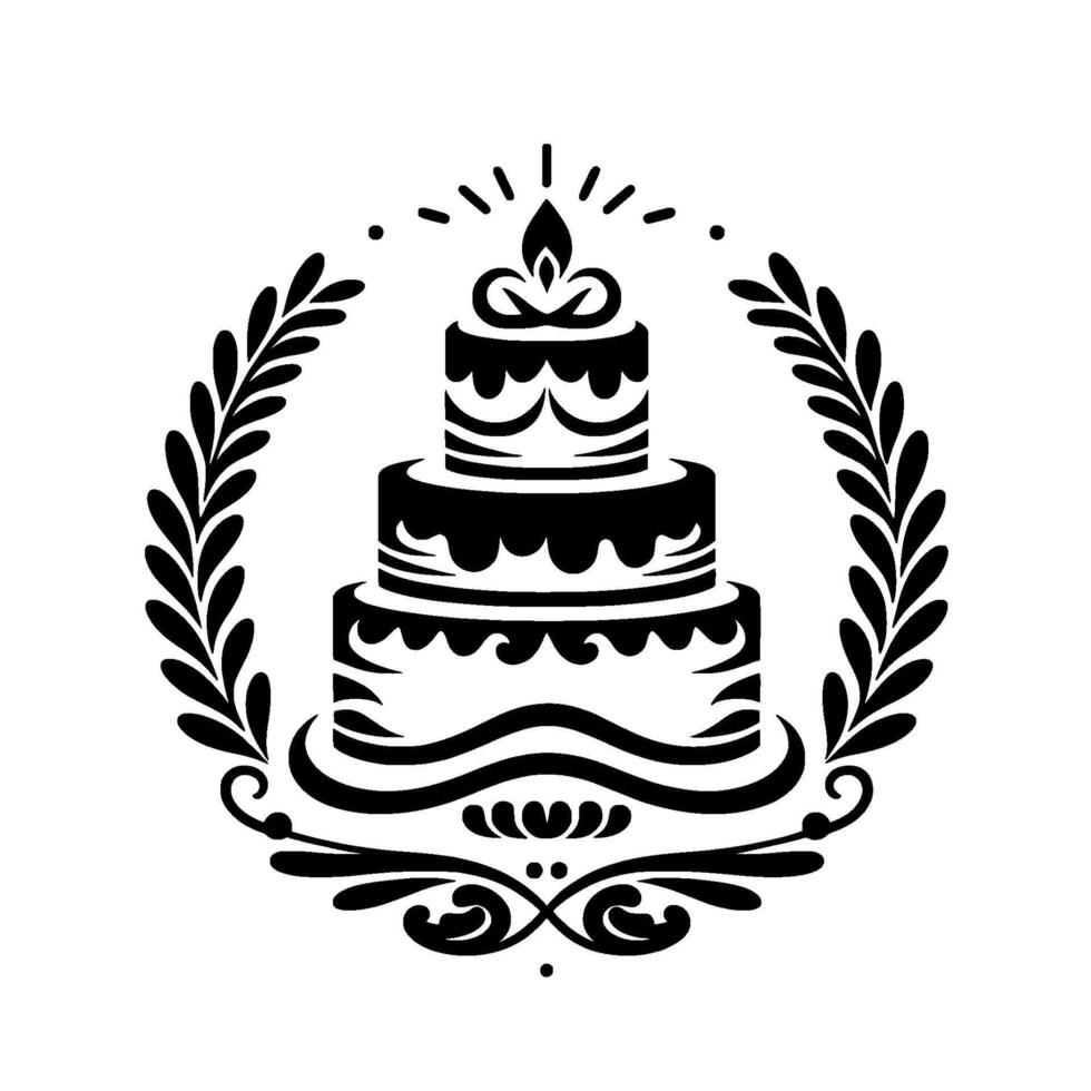 Elegant Black and White Illustration of a ThreeTiered Cake with a Candle, Framed by a Laurel Wreath and Ornate Flourishes vector