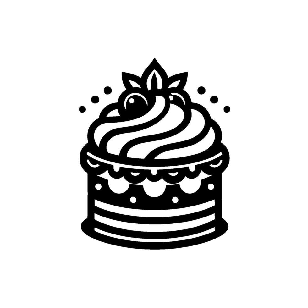 Stylized Black and White Illustration of a Tiered Cake with Swirled Icing, Leafy Decoration and Decorative Dots. vector