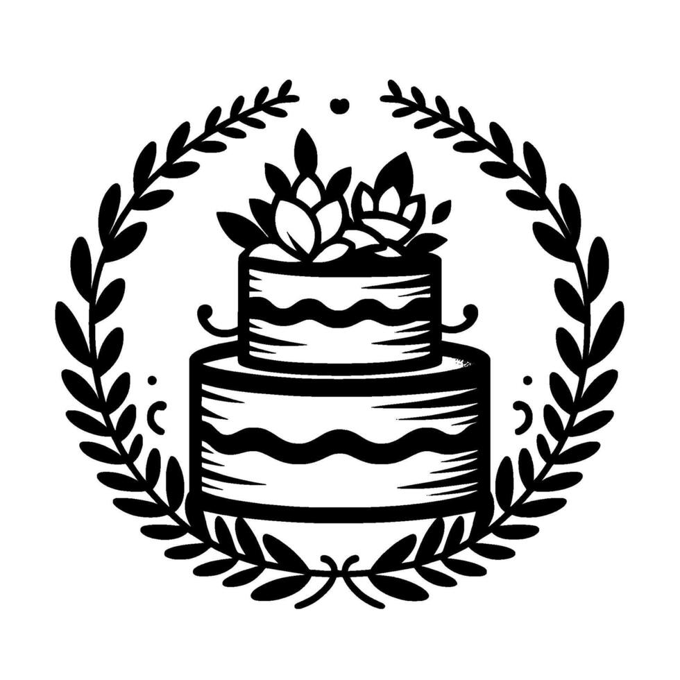 Elegant Black White Wedding Cake Illustration with Floral Topping, Decorative Leafy Wreath, and Minimalist Design. vector