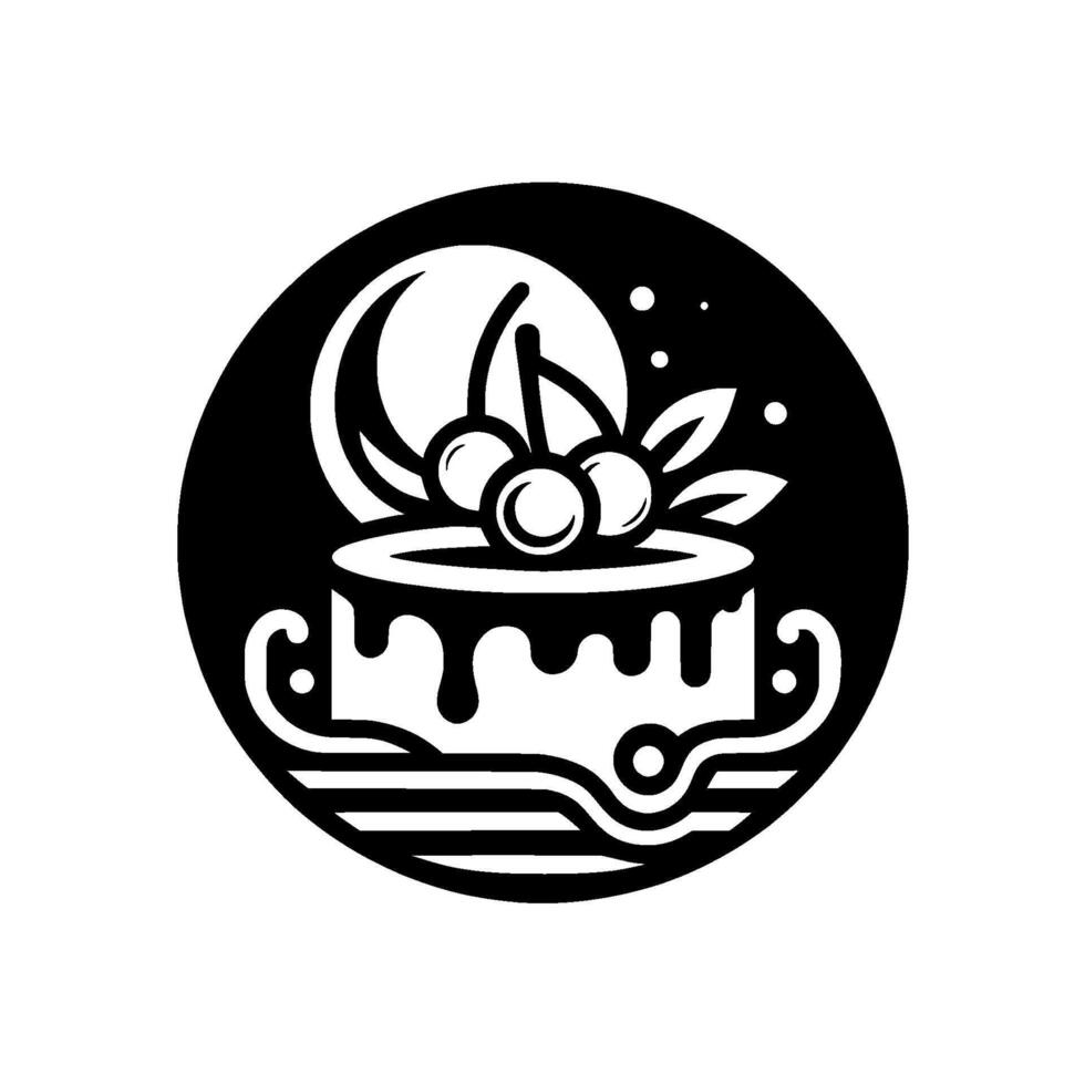 A stylized monochrome featuring a cake, cherries, and abstract elements within a circular frame, exuding elegance. vector