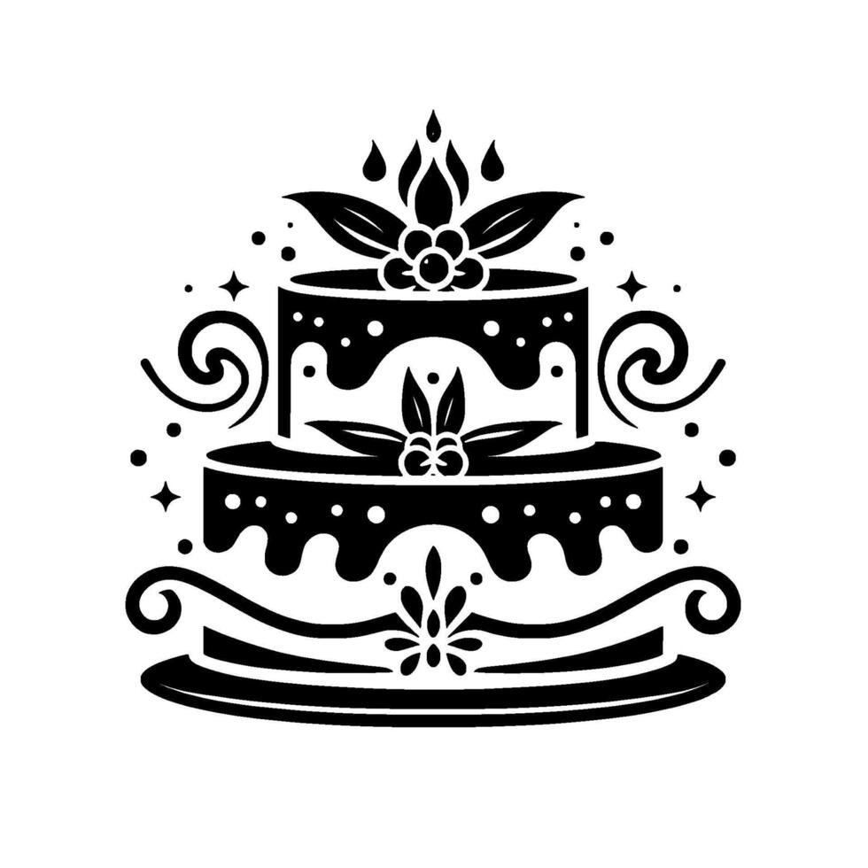 Elegant TwoTier Cake Silhouette with Decorative Floral and Swirl Elements in Black and White, Festive Design. vector
