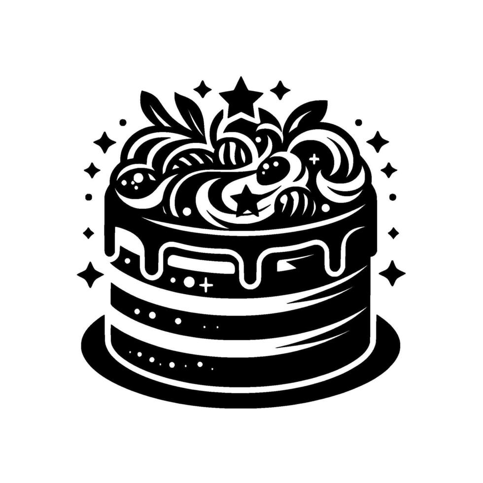 Elegant, minimalist black and white illustration of a layered cake adorned with stars, swirls, and sparkling decorations, celebrating joy. vector