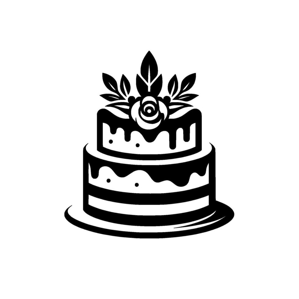 Black and White TwoTiered Cake with Floral and Leaf Adornments on a Round Base, Minimalist Dessert Icon. vector