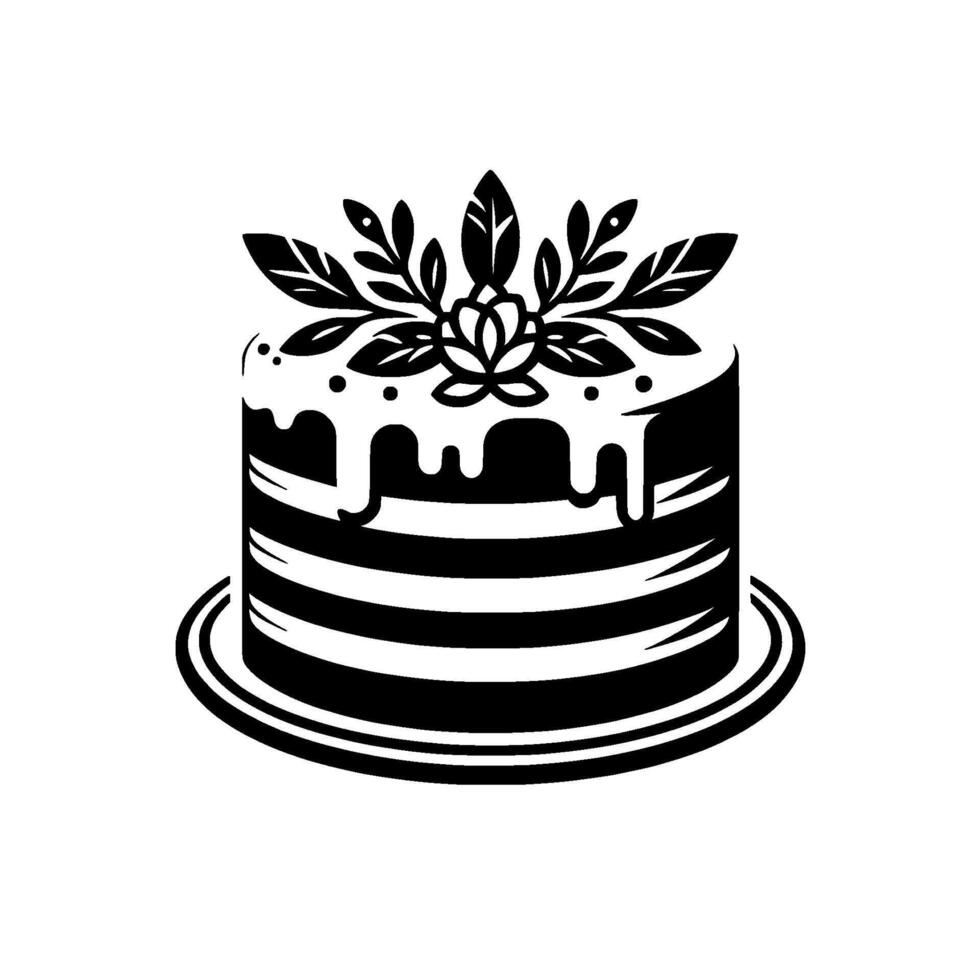 Elegant Black and White Cake Illustration, Drip Icing, Decorated with Leaves, Flower, Berries, Minimalist vector
