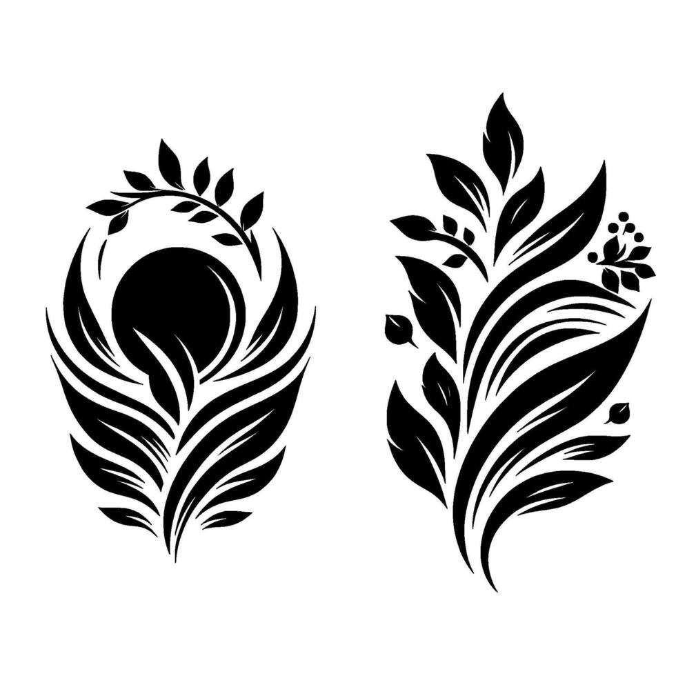 Elegant Black and White Illustrations of Botanical and Leafy Designs, Composed on White Background. vector