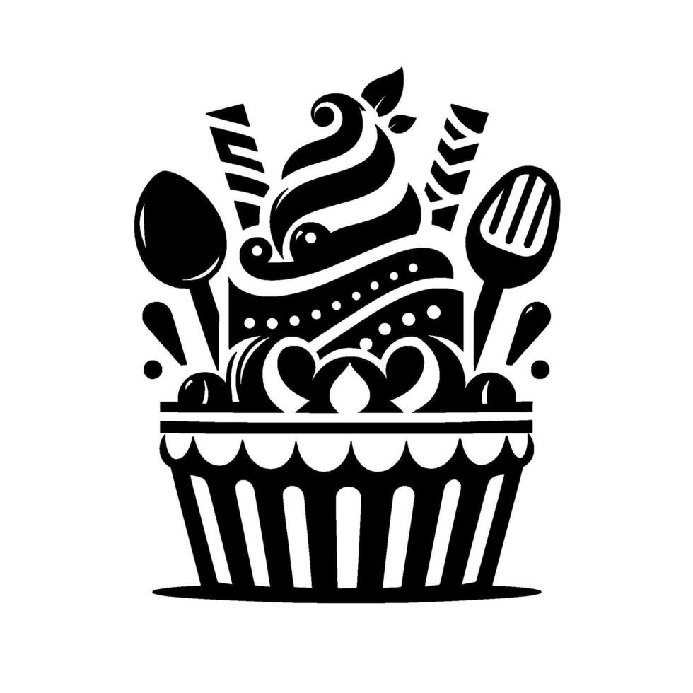 Elaborate black and white dessert illustration featuring a layered cupcake with whipped cream, cherries, and decorative utensils. vector