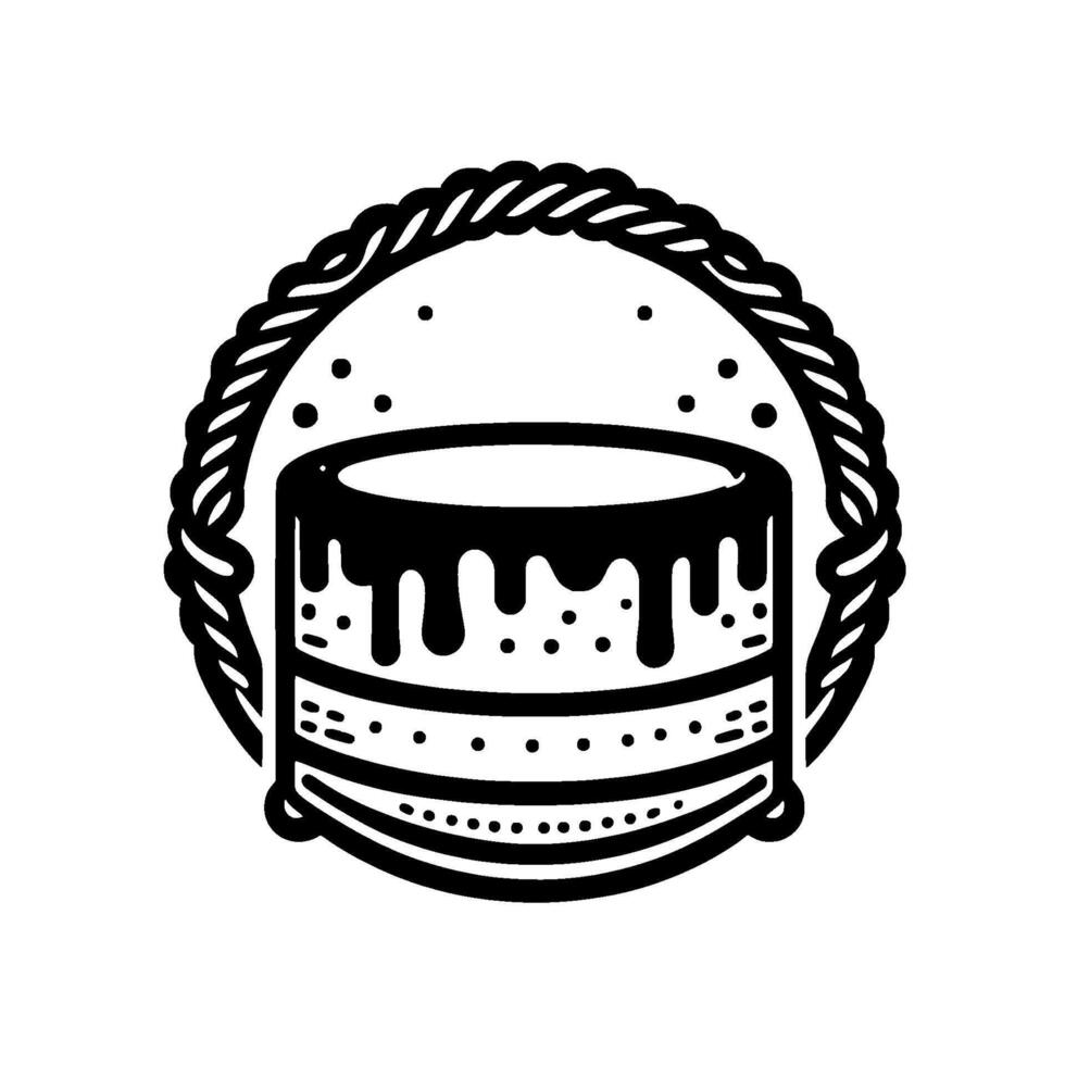 Simple black and white illustration of a tiered cake with chocolate drips encircled by a stylized rope. vector