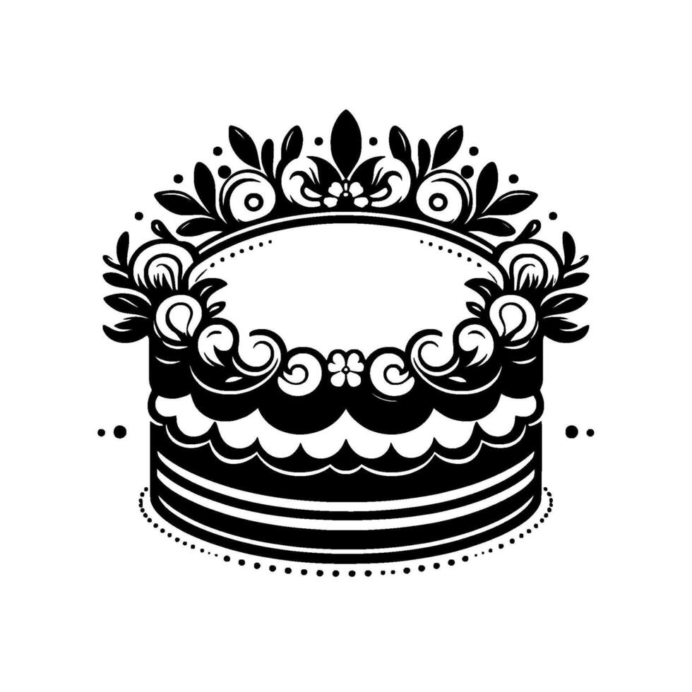 Ornate black and white illustration of a layered cake with floral and swirl decorations, oval frame. vector