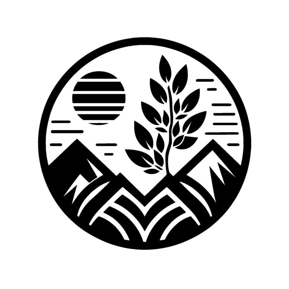 Stylized Black White Circular Logo Mountain Peaks, Sun, Growing Tree, Symbolizing Natures Resilience vector