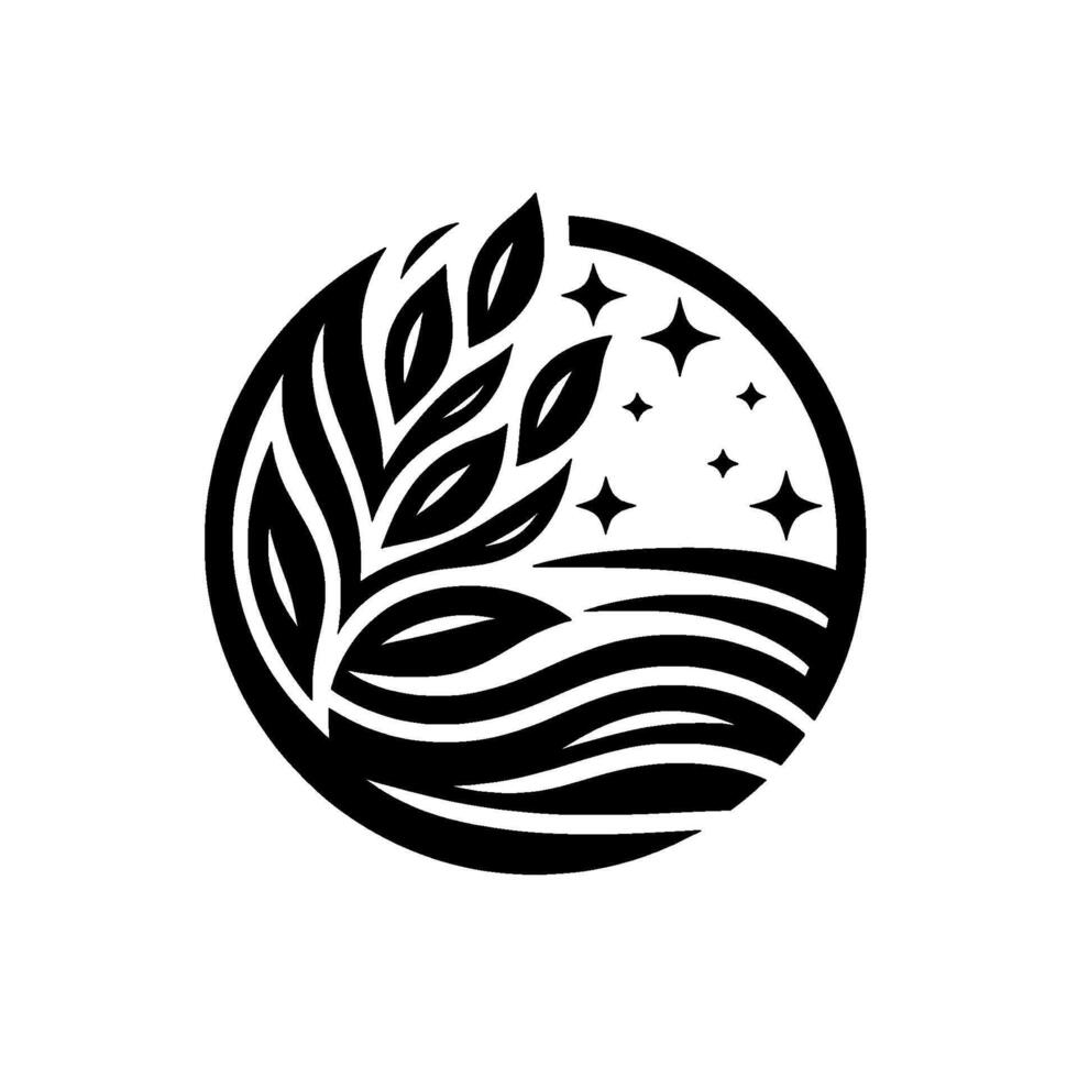 Black and White Circular Emblem Plant, Waves, and Stars, Representing Nature, Growth, and Serenity. vector