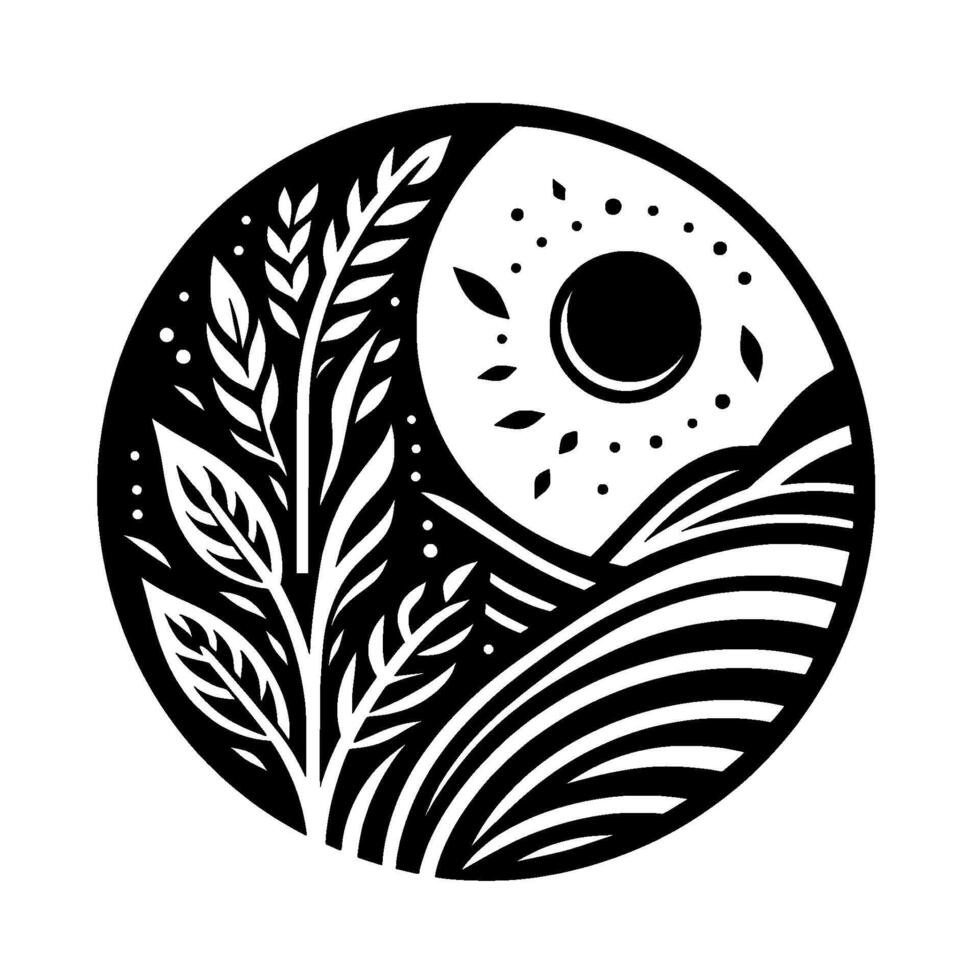 Circular YinYangInspired Black and White featuring stylized plant with leaves, rolling hills, and a central sun or moon element, evoking balance. vector