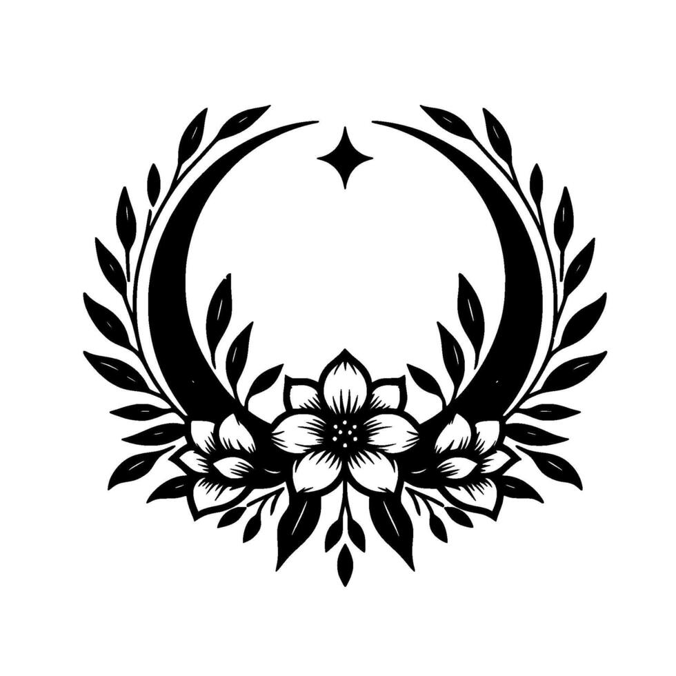 Elegant Monochrome Floral Crest Crescent Moon, Star, and Blooming Flowers in a Decorative, Minimalist Composition. vector
