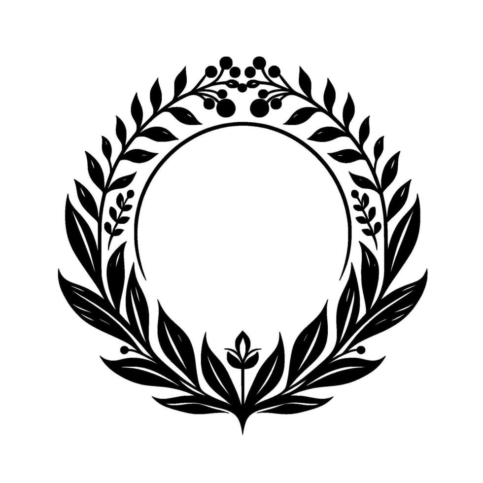 Intricate Black and White Floral Wreath Circular, Ornamental with Leaves, Berries, and Delicate Details on White Background. vector