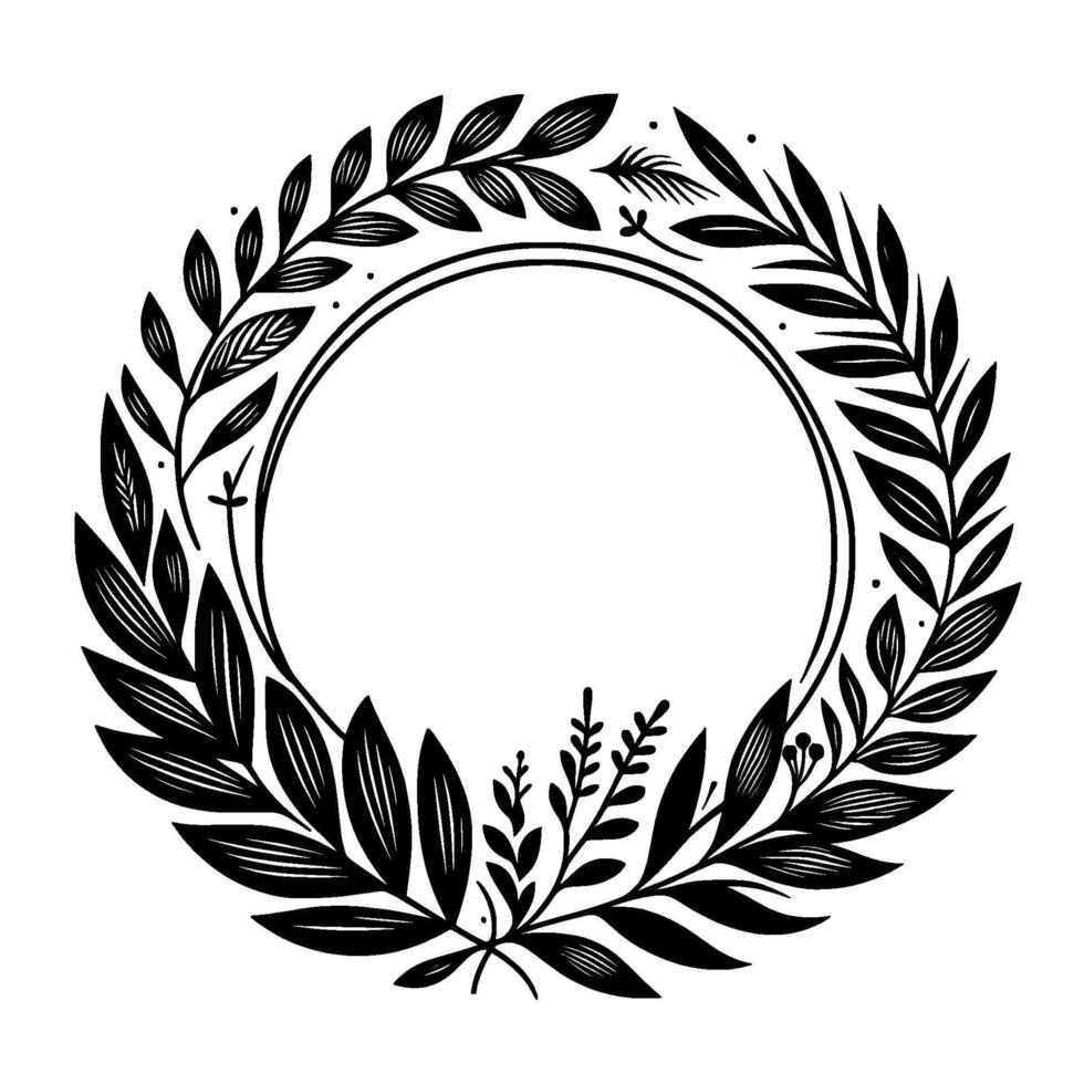 Elegant Black and White Botanical Wreath A Minimalist Circular Frame Adorned with Leaves, Branches, and Delicate Foliage vector