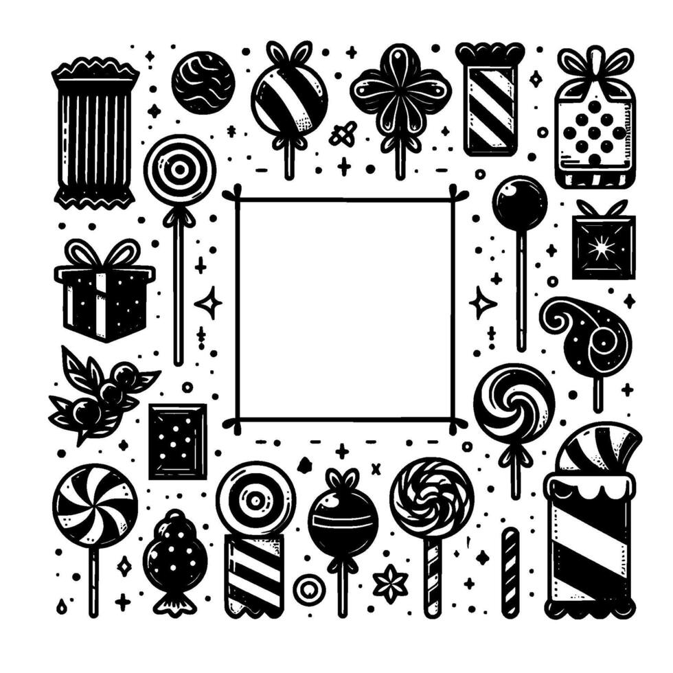 Black and White Sweet Treats Border Lollipops, Candies, Gifts, and Decorative Elements Encircling a Central Square Frame vector