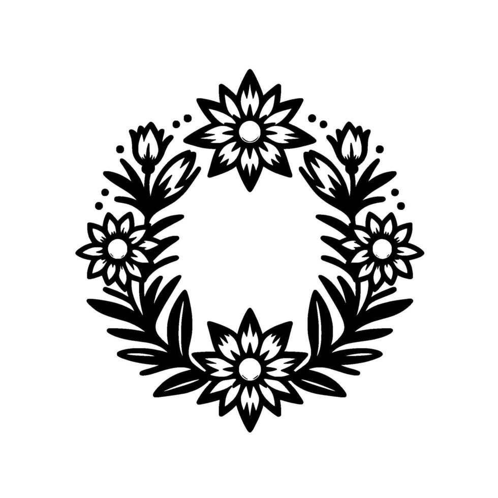Black and White Floral Wreath with Simple Flower and Leaf Designs, Isolated on White Background, Aesthetic Composition. vector
