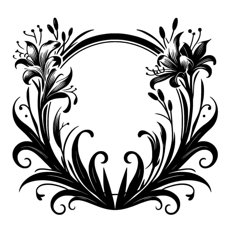 Elegant, symmetrical black and white floral frame design, featuring lilies, leaves, and stylized decorative elements, centered around a circle on a plain white background. vector