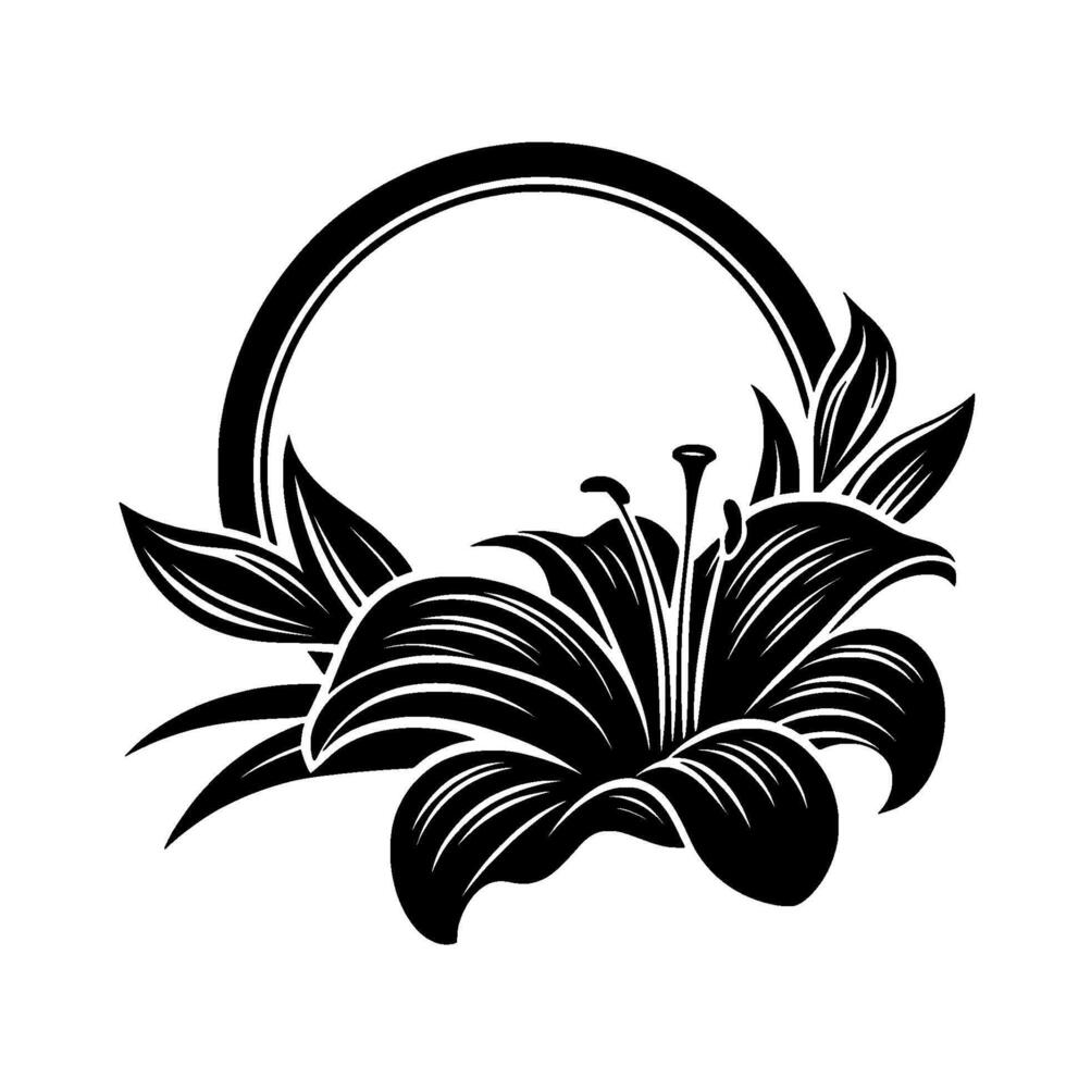Black and white minimalist floral illustration featuring a detailed lily, encircled by a ring, with leaves as accents. vector