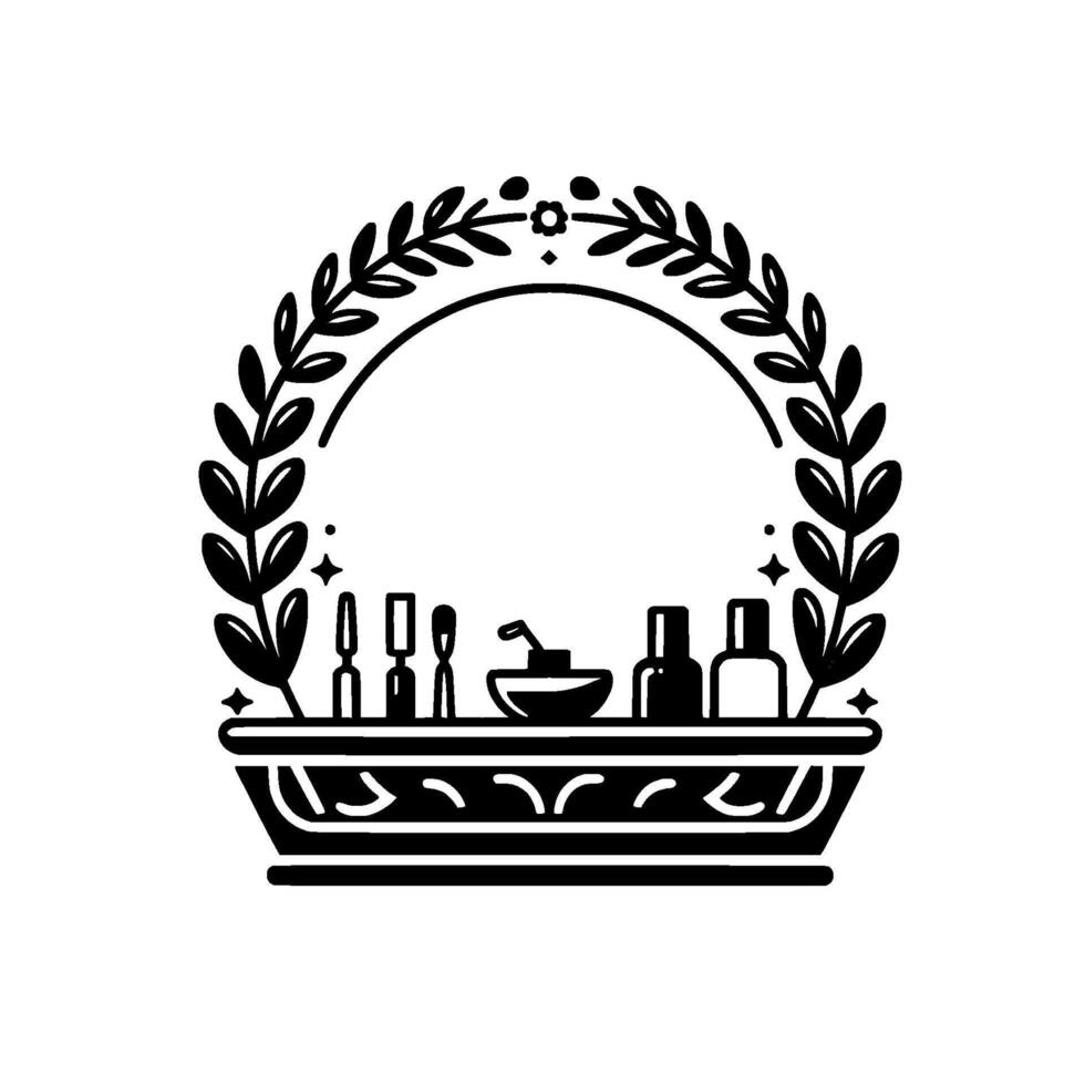 Black and white illustration of a spa themed setup with botanical frame, treatment items, and a welcoming aesthetic. vector