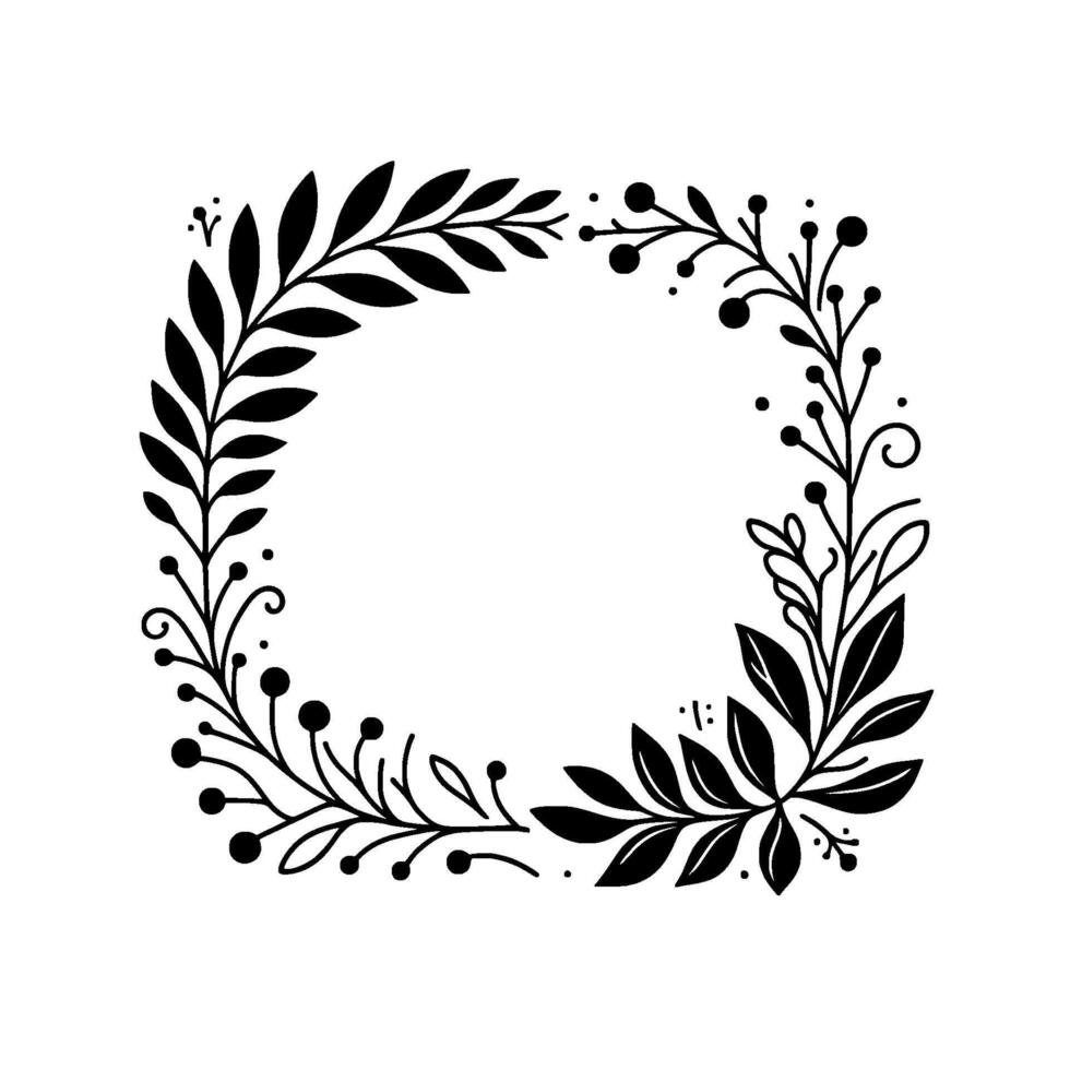 Elegant Black and White Floral Square Frame Featuring Leaves, Berries, and Delicate Vines for Decoration and vector