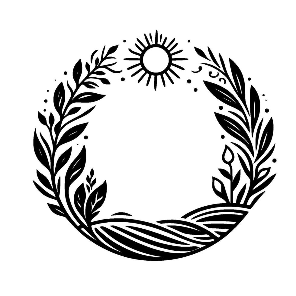 Black and White Circular Botanical Illustration Featuring a Sun, Leaves, Fields, and a Minimalist Aesthetic vector