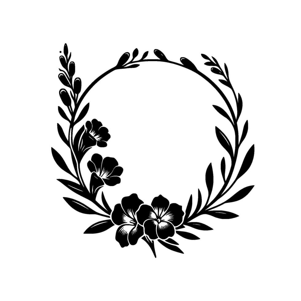 Elegant Black and White Floral Wreath Design Circular Arrangement of Detailed Flowers, Leaves, and Buds on a White Backdrop. vector