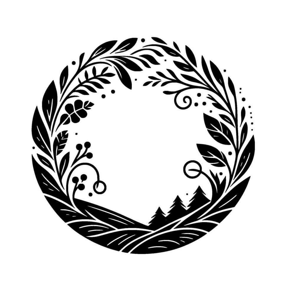 Intricate Black and White Circular Floral Wreath with Mountain Scene and Detailed Botanical Elements for Decorative Design. vector