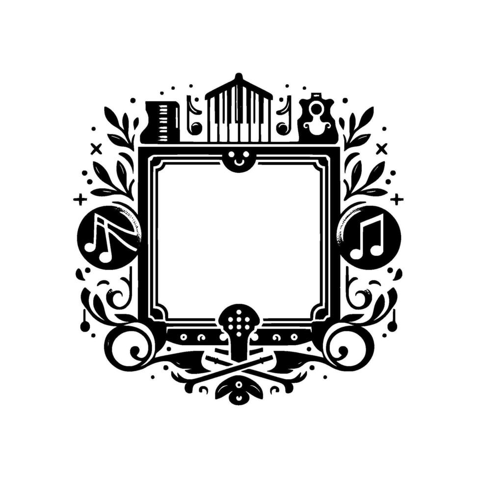 Ornate Black White Music Frame with Piano Keys, Musical Notes, Guitar, and Floral Elements Ideal for Musical Events. vector