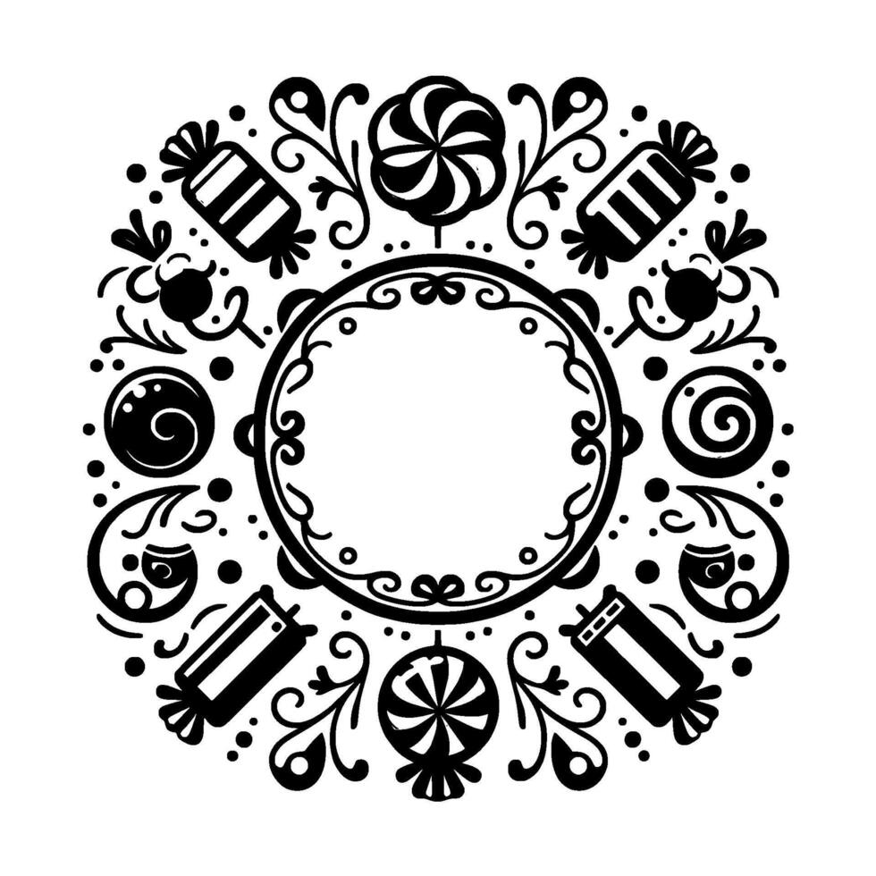 Circular Black and White Illustration of Sweets, Candies, Lollipops, and Ornate Floral Frame, Ideal for Decorative Design. vector