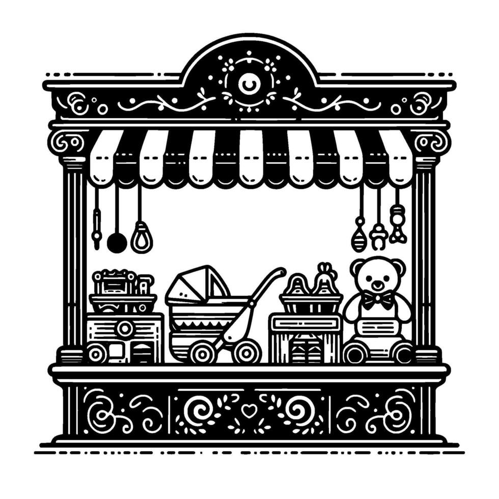 Detailed Black White Illustration of a Toy Shop Display with a Teddy Bear, Stroller, and Ornate Architectural Elements. vector
